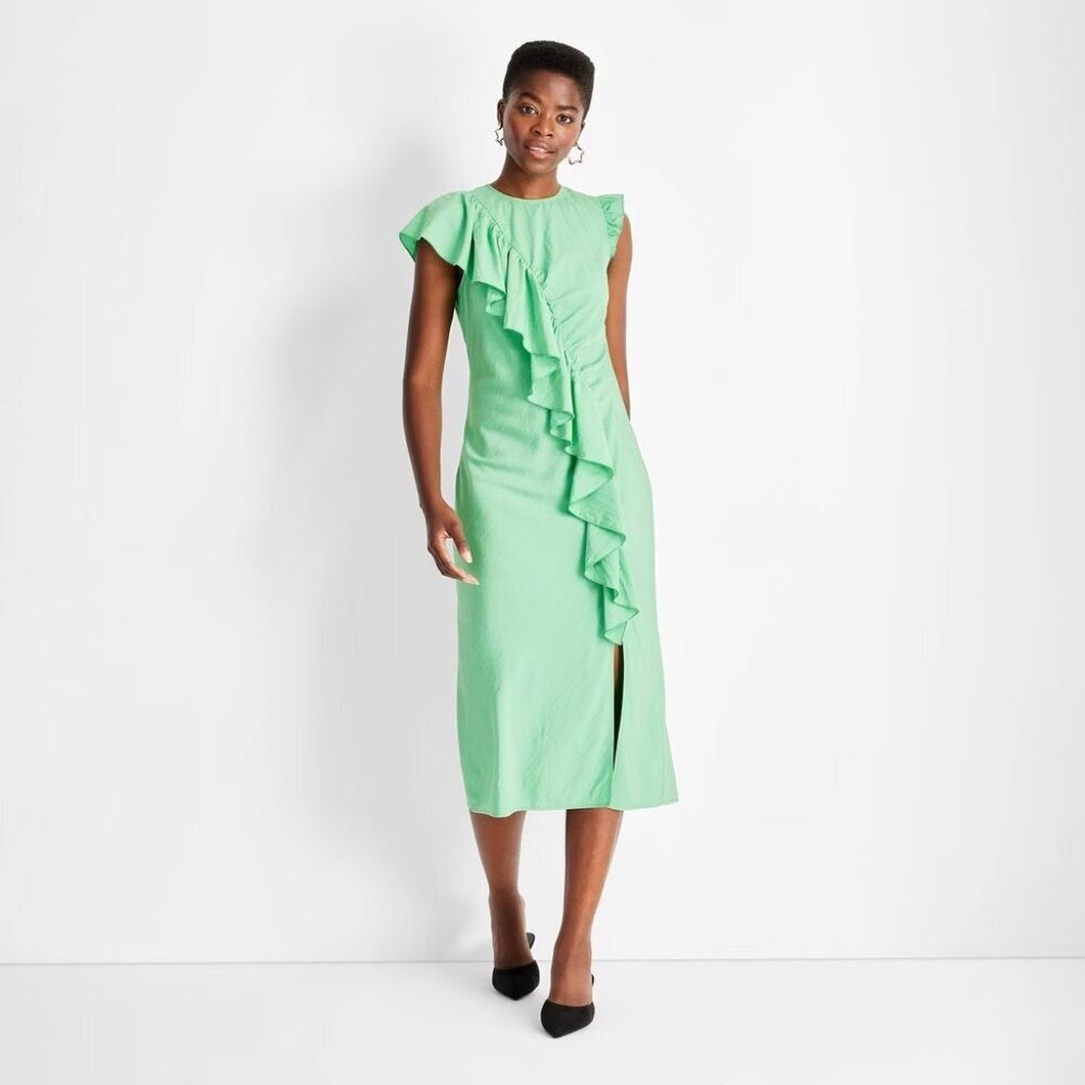 Future Collective Womens XS Flutter Mini Cap Sleeve Asymmetrical Ruffle Dress